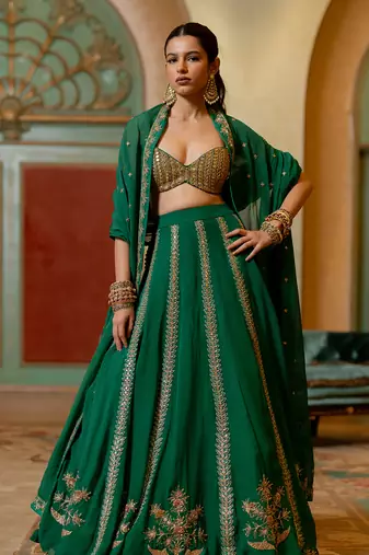 Emerald Green Hand Embroidered  Lehenga Set