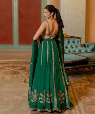 Emerald Green Hand Embroidered  Lehenga Set 3