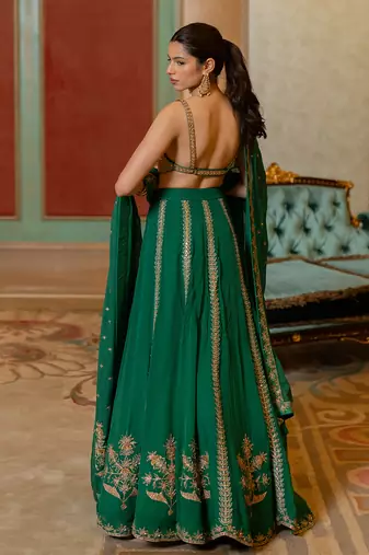 Emerald Green Hand Embroidered  Lehenga Set