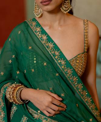 Emerald Green Hand Embroidered  Lehenga Set 4