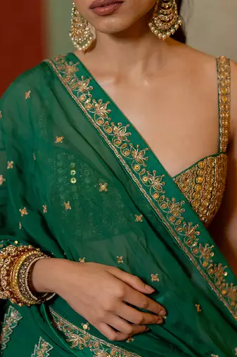 Emerald Green Hand Embroidered  Lehenga Set
