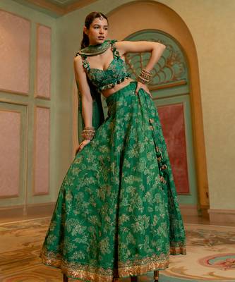 Emerald Green Self Woven Jacquard Lehenga Set 1