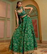 Emerald Green Self Woven Jacquard Lehenga Set