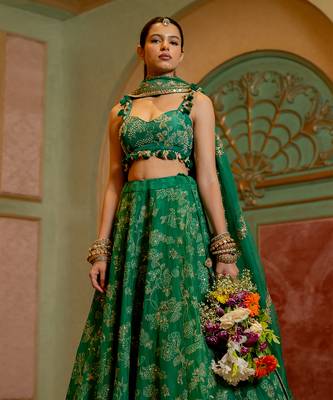 Emerald Green Self Woven Jacquard Lehenga Set 2