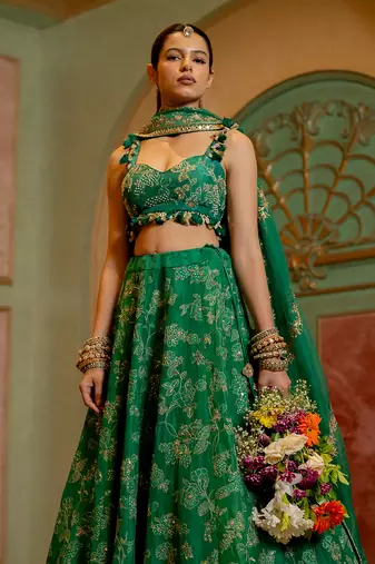 Emerald Green Self Woven Jacquard Lehenga Set