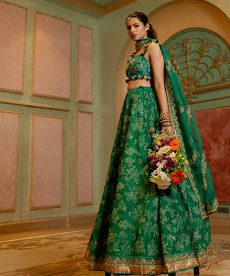 Emerald Green Self Woven Jacquard Lehenga Set 3