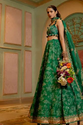 Emerald Green Self Woven Jacquard Lehenga Set