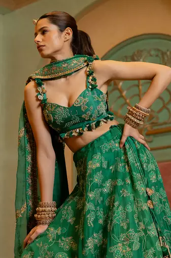 Emerald Green Self Woven Jacquard Lehenga Set