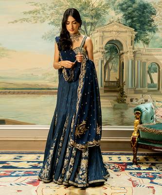Blue Self Woven Kali Embroidered Lehenga Set 1