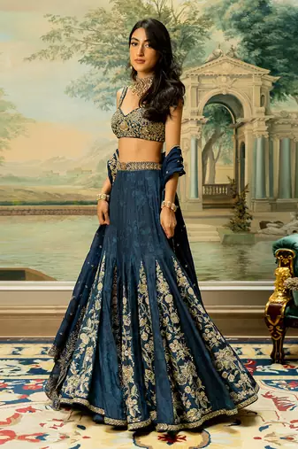 Blue Self Woven Kali Embroidered Lehenga Set