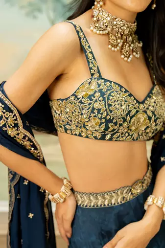 Blue Self Woven Kali Embroidered Lehenga Set