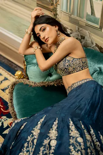 Blue Self Woven Kali Embroidered Lehenga Set