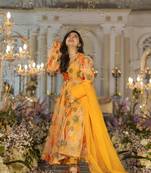 Women's designer Ethnic flower print yellow bridesmaids wedding haldi function wear organza fabric salwar suit