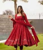 Women's maroon designer chikanakri sequence work georgette anarkali gown with dupatta set
