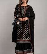 Black printed rayon stitched kurta with skrit & dupatta