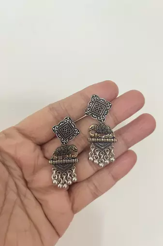 Dual tone Elephant design necklace set German silver indian oxidized jewellery gifts for her long necklace with earrings