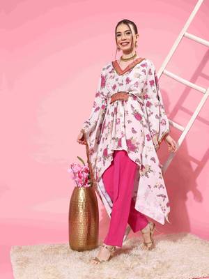 Beige floral printed kaftan kurta 1