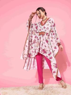 Beige floral printed kaftan kurta 2