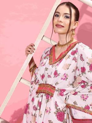 Beige floral printed kaftan kurta 3