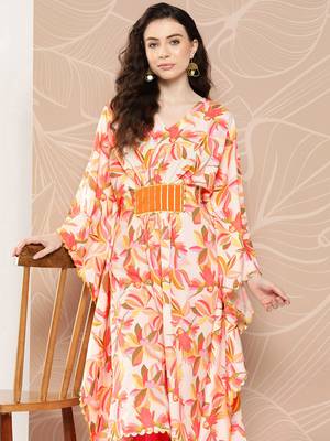 Off white & orange floral printed gotta patti kaftan kurta 1
