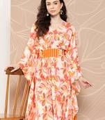 Off white & orange floral printed gotta patti kaftan kurta