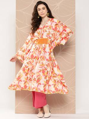 Off white & orange floral printed gotta patti kaftan kurta 2