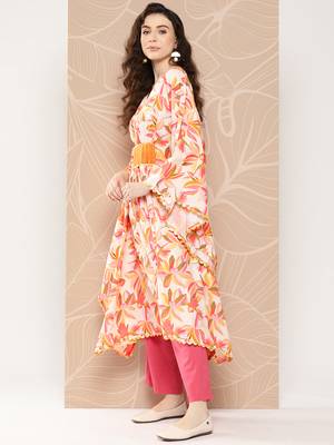 Off white & orange floral printed gotta patti kaftan kurta 3