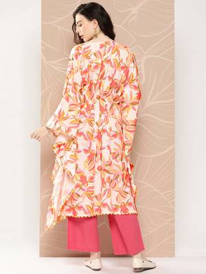 Off white & orange floral printed gotta patti kaftan kurta 4