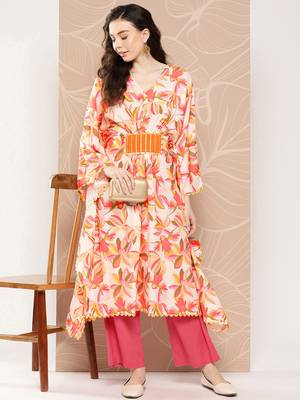 Off white & orange floral printed gotta patti kaftan kurta 5