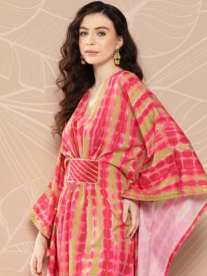 Pink printed gotta patti belted detail kaftan kurta 4