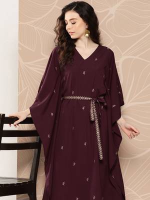 Burgundy floral printed belted detail kaftan kurta 1