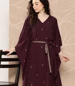 Burgundy floral printed belted detail kaftan kurta