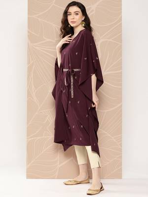 Burgundy floral printed belted detail kaftan kurta 3