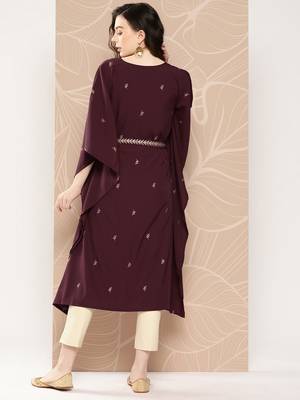 Burgundy floral printed belted detail kaftan kurta 4