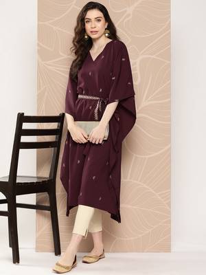 Burgundy floral printed belted detail kaftan kurta 5