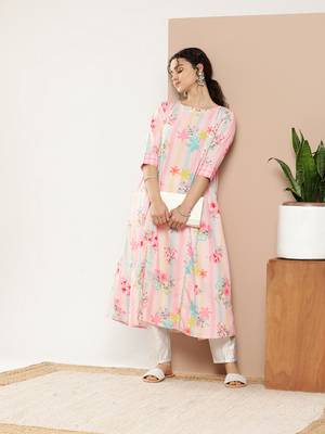 Pink & green printed gotta patti floral crepe kurta 1