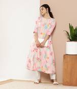 Pink & green printed gotta patti floral crepe kurta
