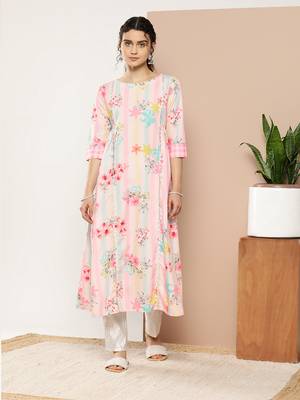 Pink & green printed gotta patti floral crepe kurta 2