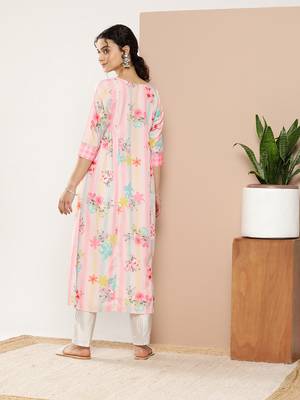 Pink & green printed gotta patti floral crepe kurta 4