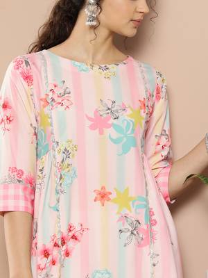 Pink & green printed gotta patti floral crepe kurta 5