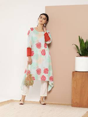 Turquoise blue & red floral printed gotta patti kurta 1
