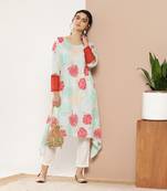 Turquoise blue & red floral printed gotta patti kurta