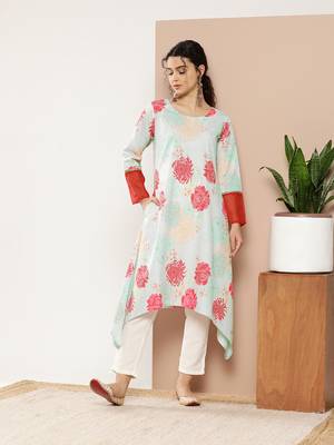 Turquoise blue & red floral printed gotta patti kurta 2