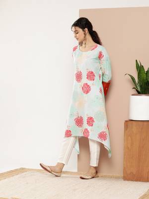 Turquoise blue & red floral printed gotta patti kurta 3