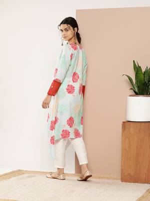 Turquoise blue & red floral printed gotta patti kurta 4