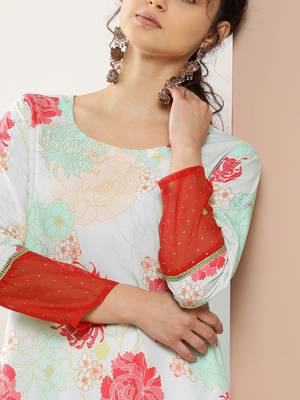 Turquoise blue & red floral printed gotta patti kurta 5