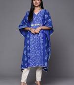 Blue & white floral print cotton kaftan kurta