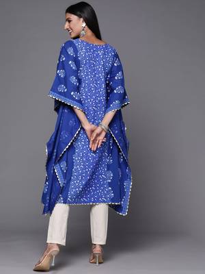 Blue & white floral print cotton kaftan kurta 4