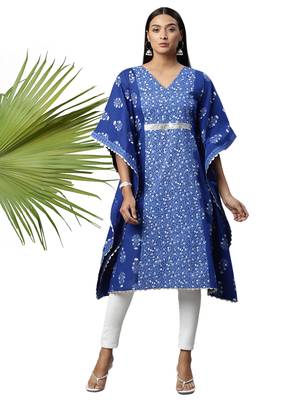 Blue & white floral print cotton kaftan kurta 5