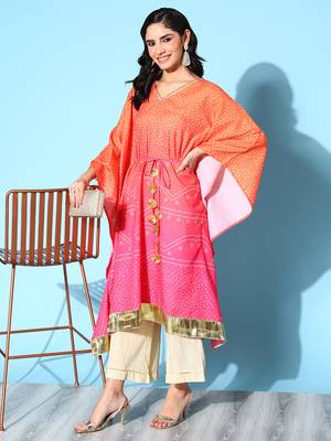 Orange cotton blend printed kaftan kurta 2